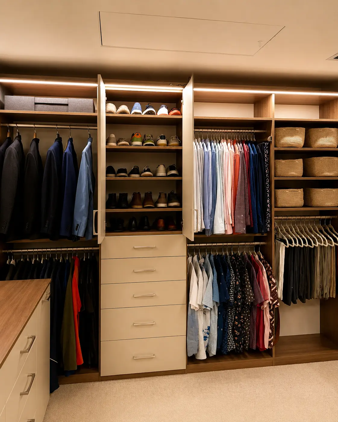 Full walk-in master closet with a pull-out shoe cabinet of sneakers and boots, drawer tower, suits and shirts color-organized, and shelves of woven baskets