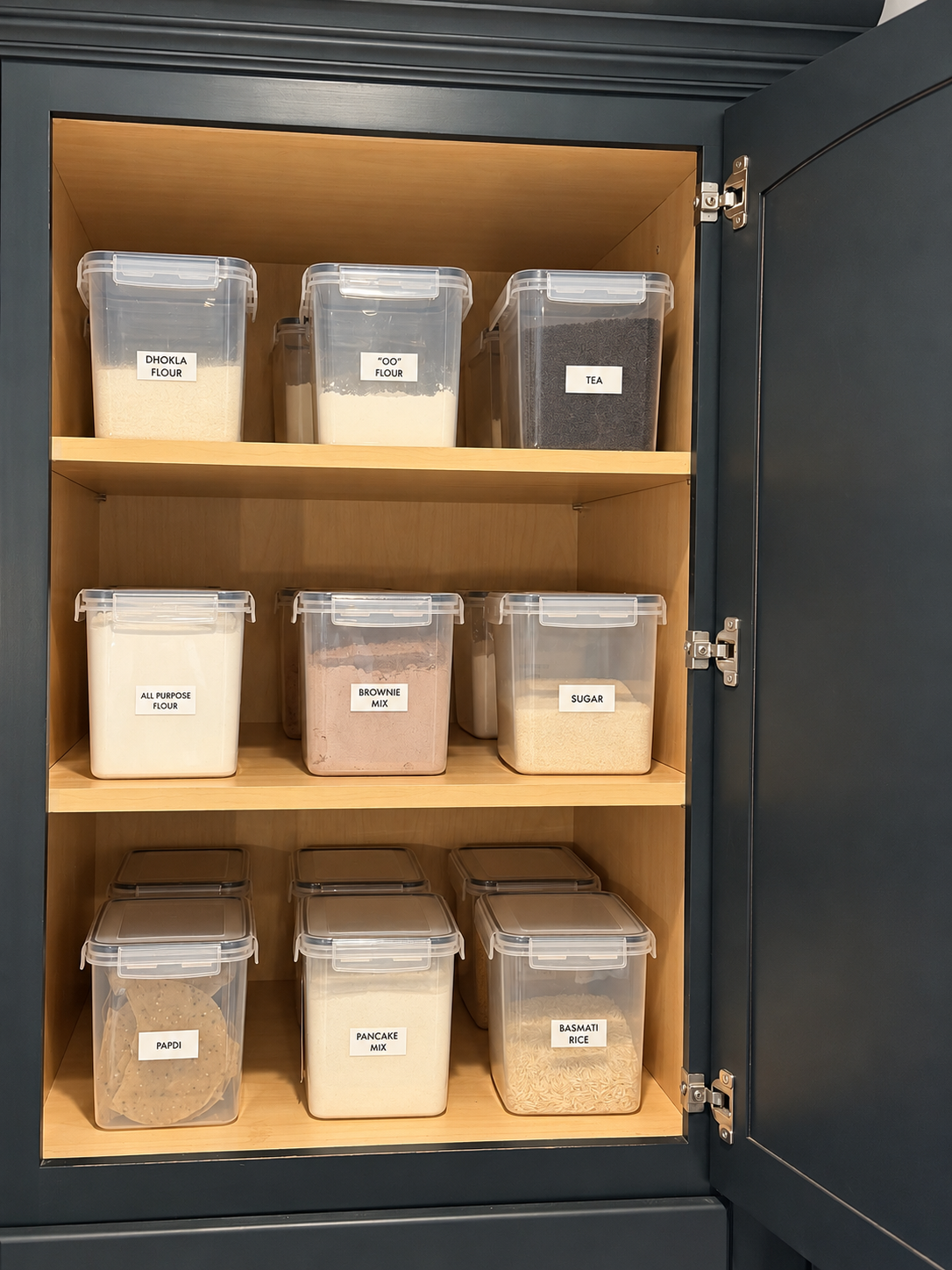 Three wooden shelves of uniform clear canisters with white snap lids and labels, holding flours, baking mixes, sugar, tea, and basmati rice