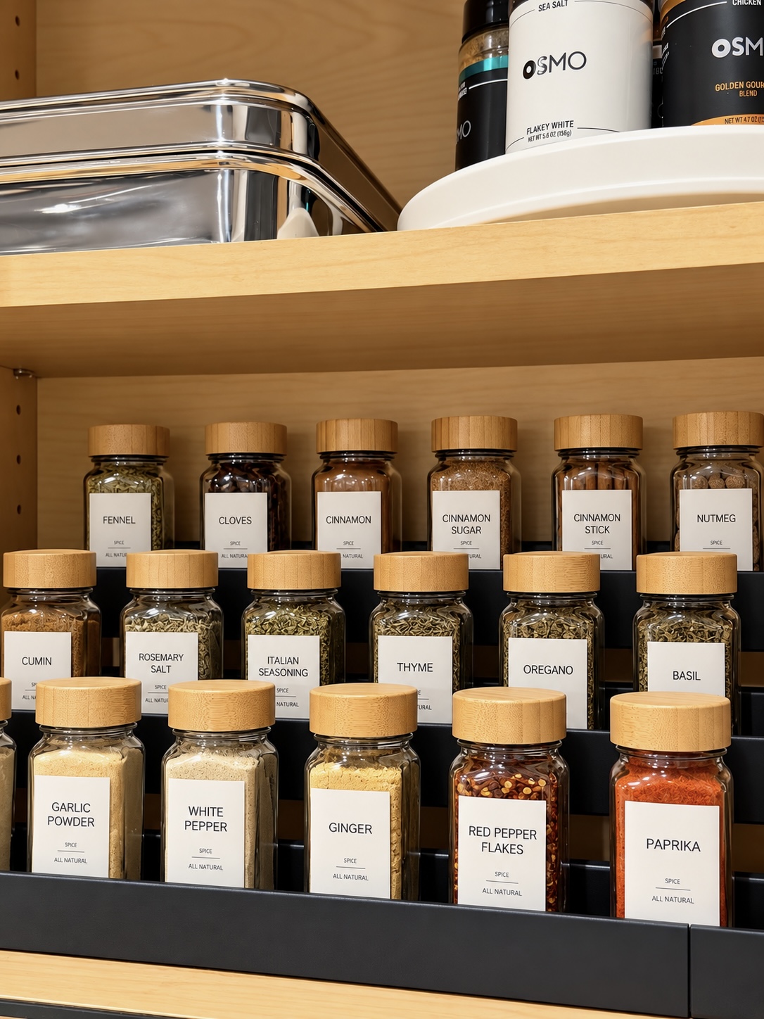 Three-tier black rack of glass spice jars with bamboo lids and white labels, with a turntable of specialty salts above