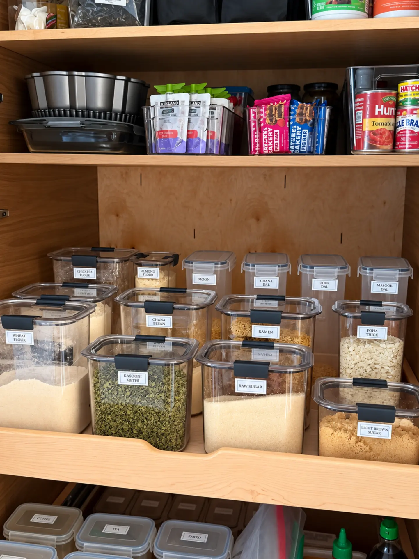 Pantry shelf organized with clear airtight containers with black latches and white labels, holding flours, sugars, and lentils