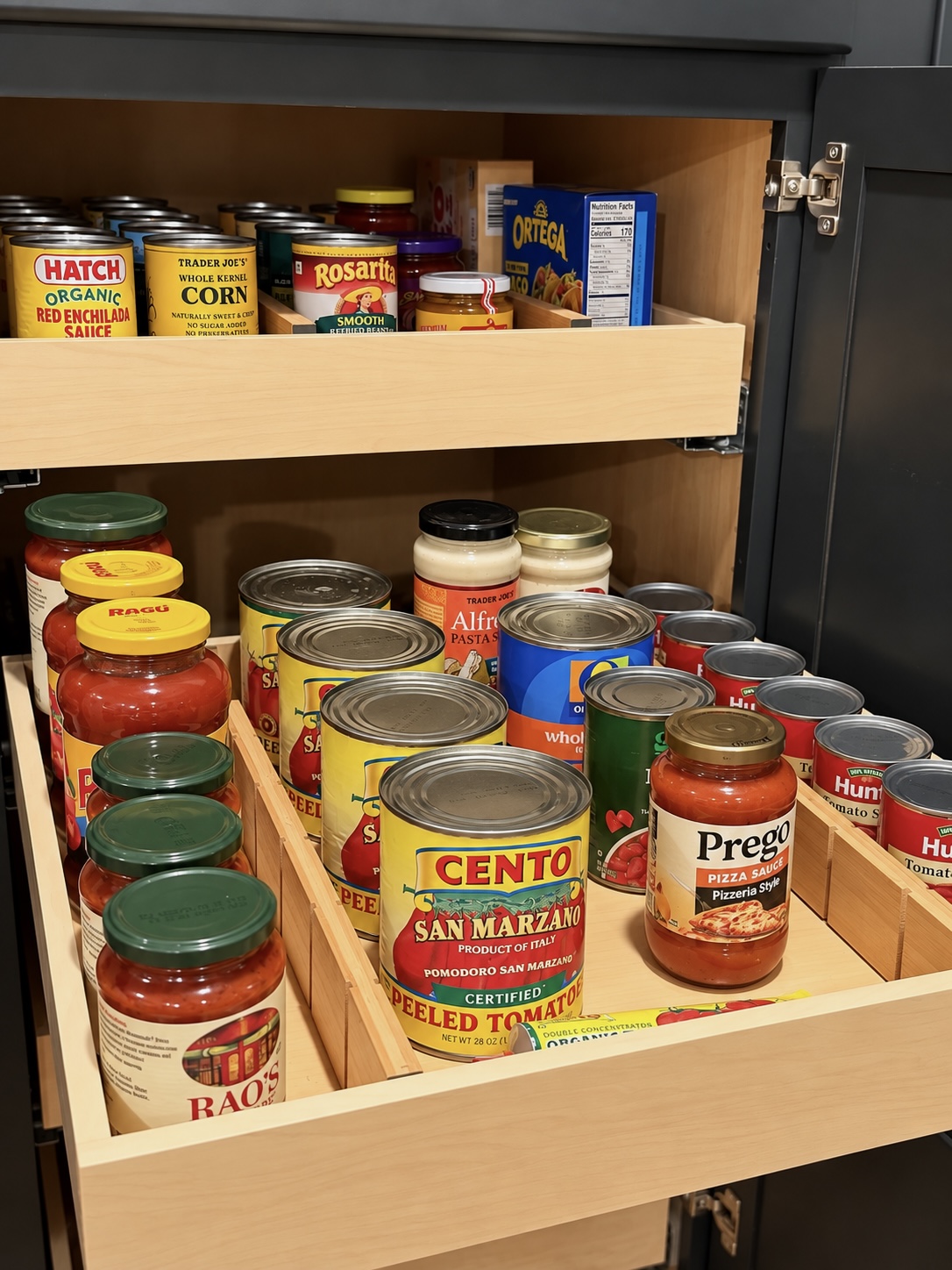 Dark charcoal pantry cabinet with light wood pull-out shelves holding canned tomatoes, sauce jars, and taco supplies arranged in neat rows