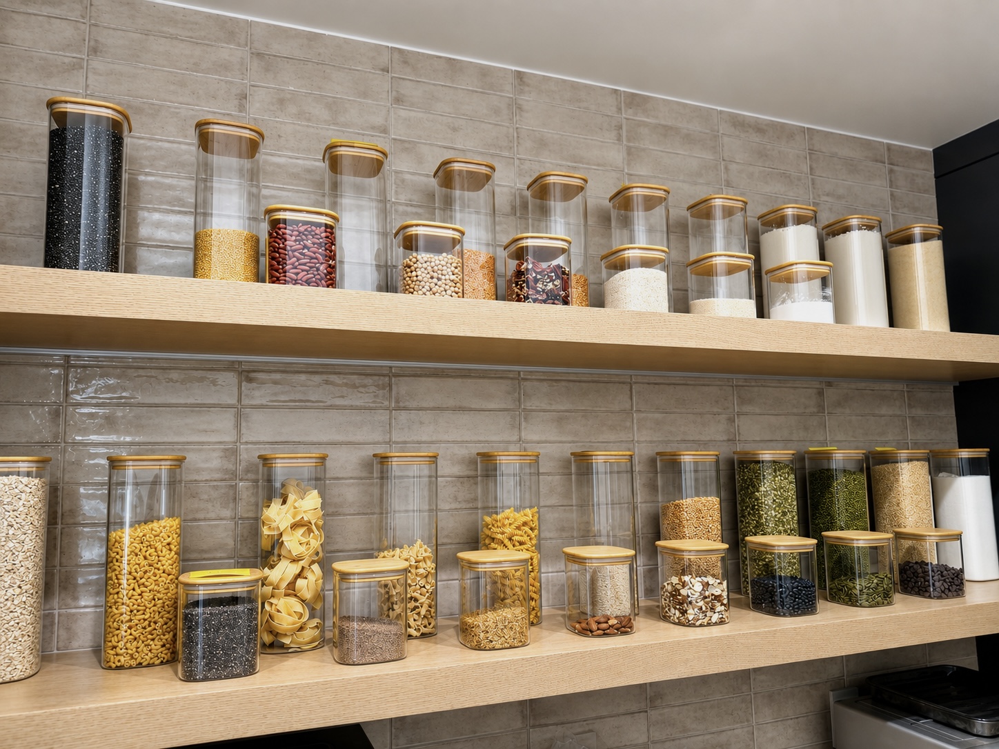 Pantry shelf lined with tall glass jars of grains, beans, pasta, nuts, and seeds with bamboo lids