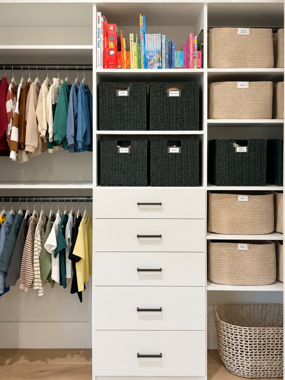 Organized kids’ closet with color-sorted clothes, books, labeled baskets, and drawers